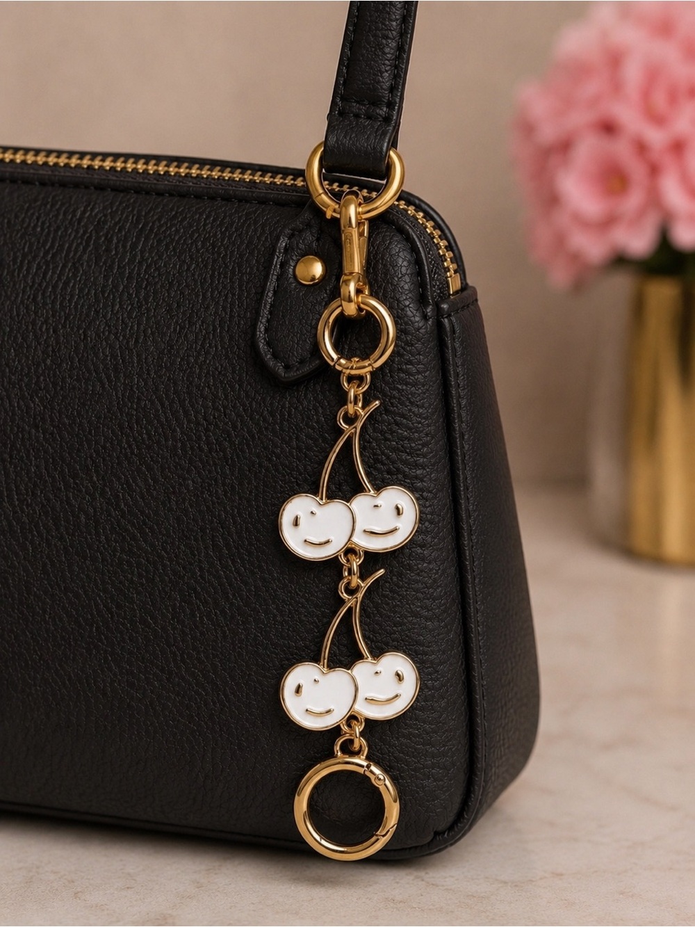 Gold Enamel Smiley Cherry Keychain: bag charm/ bag extender - White Cherries